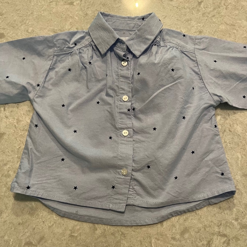 Zara Kids Light Blue Star Print Cotton Oxford Button Down Shirt Size 2 Years‎